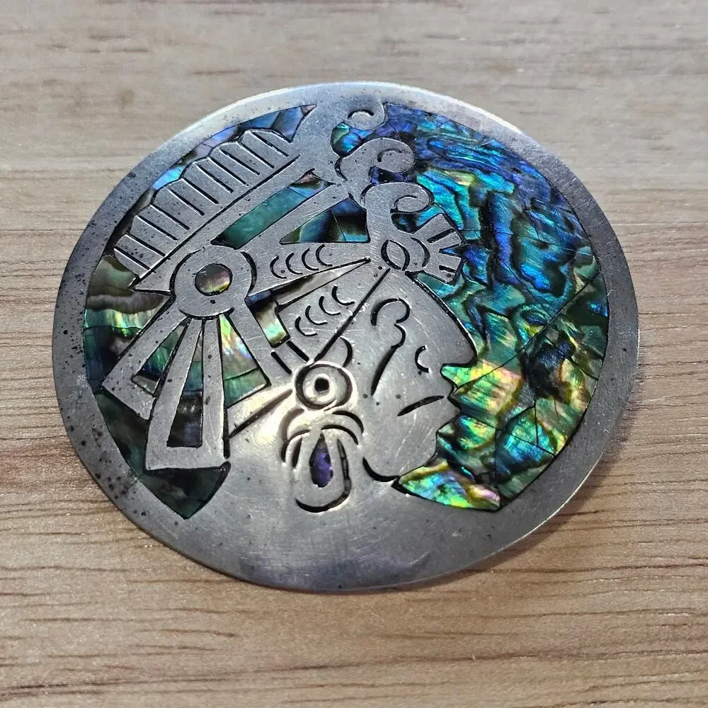 Vintage Narvaez Taxco Sterling Silver & Abalone Aztec Warrior Brooch & Pendant